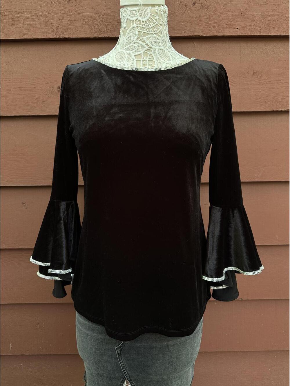 Chaus New York Black Velvet Bell Sleeve Top